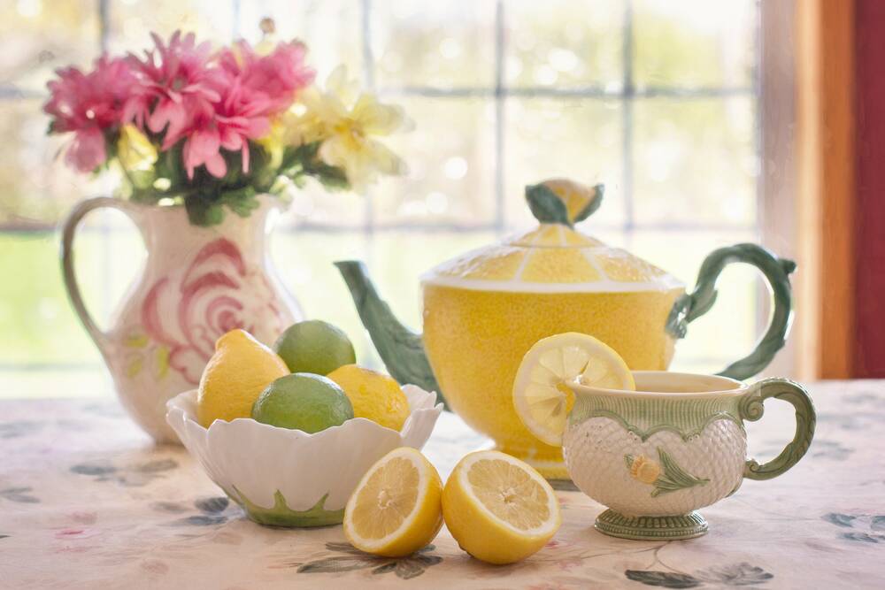 tea, lemons, tea pot